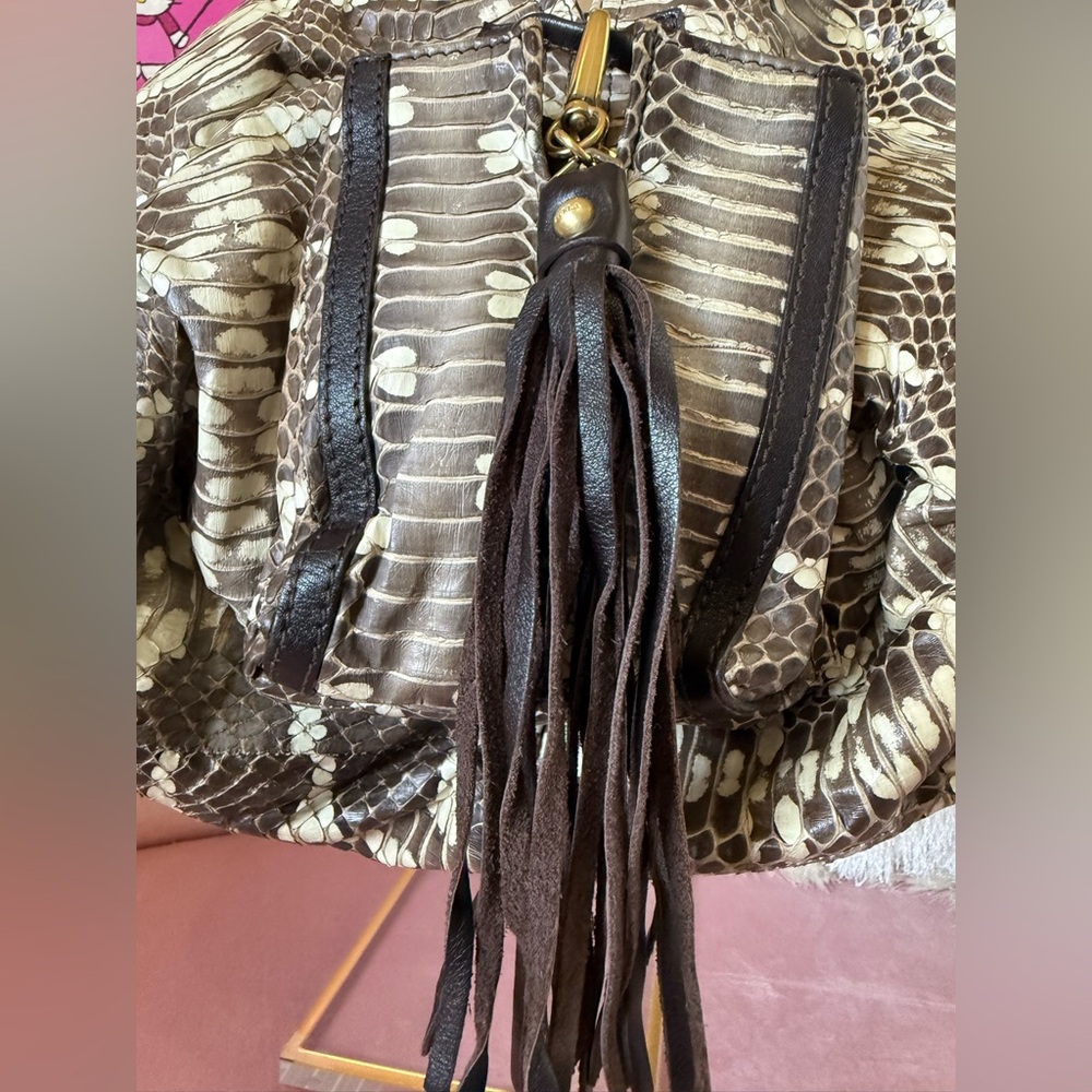 💯 Auth FURLA Snakeskin Leather Hobo Shoulder Bag w Brown Leather & Large Tassle - Picture 2 of 16